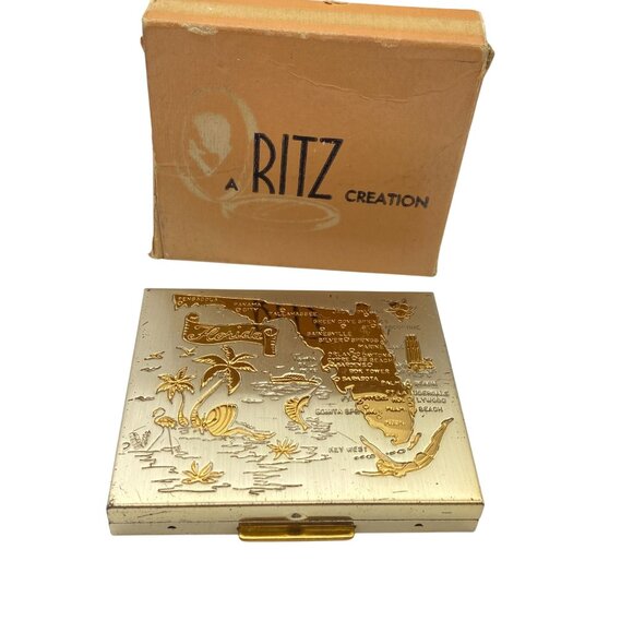 VTG Ritz Florida Compact Souvenir gold tone Powder makeup 1960s Box - Picture 2 of 15